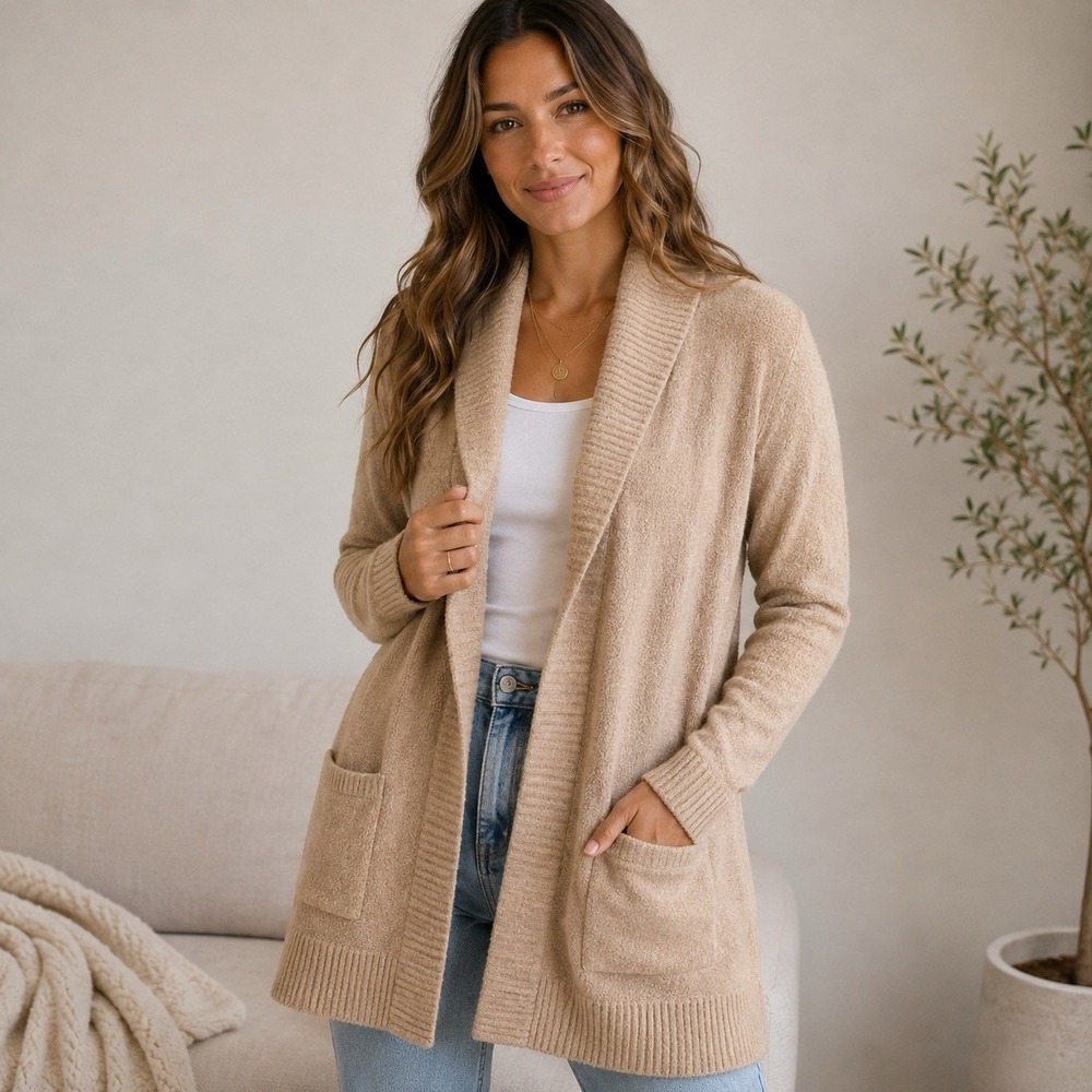 Barefoot Dreams Womens Medium Oatmeal CozyChic Lite Open Cardigan Sweater Pocket